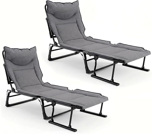 Giantex Folding Patio Lounge Chair with Pad, 3-in-1 Portable Chaise Lounge with 6 Backrest Positions, Head Pillow, Foldable Armrest, Outdoor Camping Cot for Living Room, Yard, Patio,Office (2)