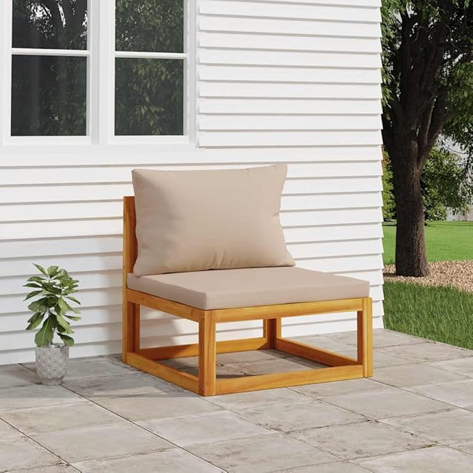 Modular Middle Sofa, Taupe Solid Acacia Wood Outdoor Seating, Standard Sectional Unit for Balcony, Garden, Patio