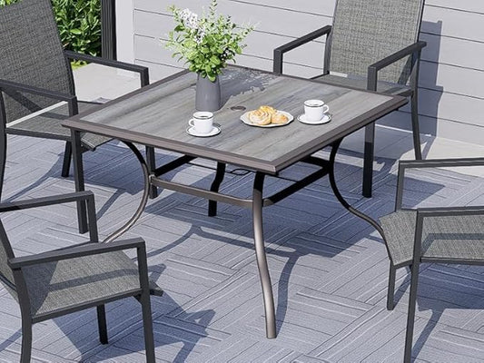 Square Patio Dining Table with Umbrella Hole, Laminated Top with Brown Metal Steel Frame 37" x 37" x 28"