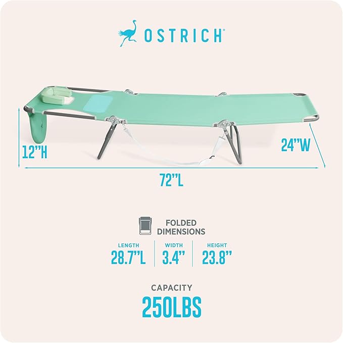 Ostrich the Ladies Comfort Lounger with Chest Support, Foldable and Portable Reclining Outdoor Patio Beach Lawn Camping Pool Tanning Chair, Teal