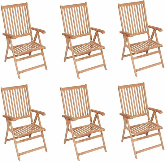 6 Pack Foldable Teak Patio Recliner Chairs, 28.1" W x 42.9" H Solid Wood Outdoor Dining Seats, 7-Position Reclining Lawn Chairs for Garden, Balcony, Deck, Brown