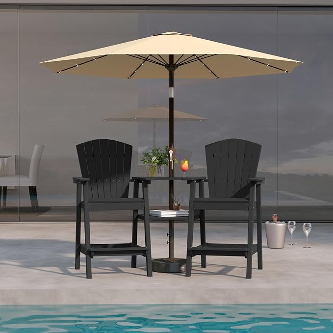 Tall Adirondack Chairs Set of 2, Bar Height HDPE Deck Chairs with Connecting Trays & Umbrella Hole, Weatherproof Patio Bar Stools for Balcony, Garden, Black