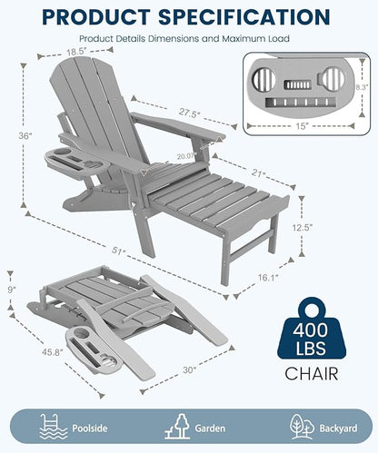 FOOWIN Folding Adjustable Adirondack Chair with Retractable Ottoman Set of 8, HDPE Adirondack Chair w/4 in 1 Cup Holder Trays,All-Weather Resistant Fire Pit Chair for Outdoor Patio Lawn, White Grey