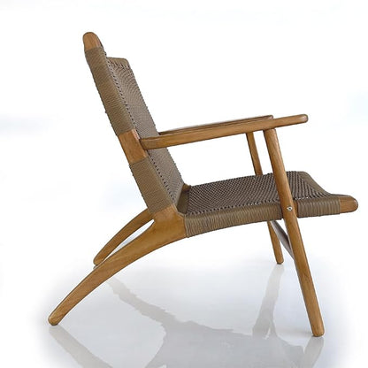 Indonesian Grade A Teak Wood Monterey Club Lounge Chair. Midcentury Modern Comfortable Design Chair Double handweaved Rope. Backyard, Poolside, Balcony Living Room. (TAN)