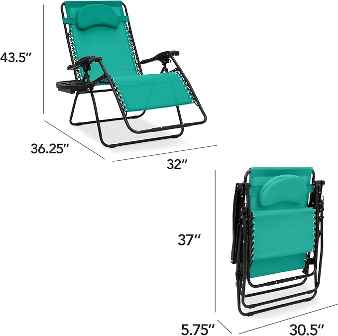 Best Choice Products Oversized Zero Gravity Chair, Folding Outdoor Patio Lounge Recliner w/Cup Holder Accessory Tray, Pillow - Mint