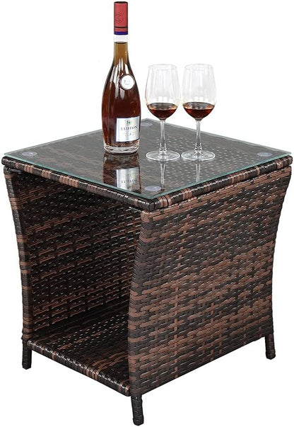 Wicker Rattan Side Table, Outdoor Square Rattan Coffee End Table with Tempered Glass Top and Storage for Patio Porch Lawn (Brown)