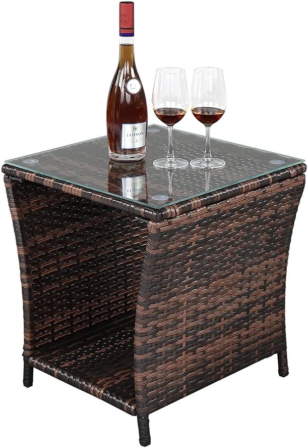 Rattan End Table Side Table, Glass Rattan Coffee Table for Outdoor Backyard Lawn Balcony Pool Square Tempered Glass Top Wicker Rattan End Table Furniture with Storage (Brown5)
