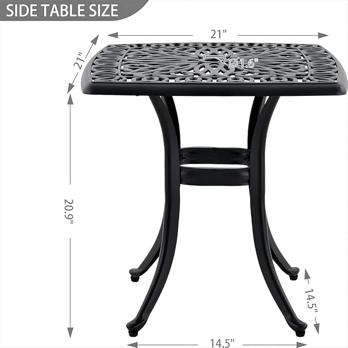 Outdoor 21" Cast Aluminum Square Side Table Set of 2 End Table for Patio, Backyard, Pool, Indoor Companion, Easy Maintenance and Weather Resistant, Black