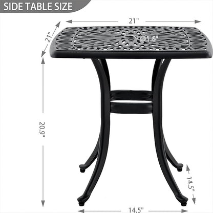 Outdoor 21" Cast Aluminum Square Side Table Set of 2 End Table for Patio, Backyard, Pool, Indoor Companion, Easy Maintenance and Weather Resistant, Black