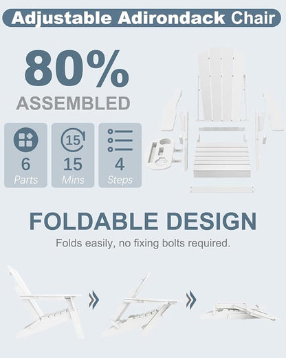 Adjustable Adirondack Chair Set of 4 with Cup Holder, All Weather HDPE Fire Pit Chairs for Deck, Backyard, Patio, White