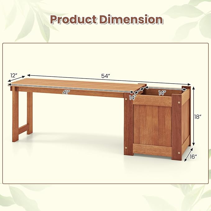 HAPPYGRILL Outdoor Bench with Planter Box, 2 Raised Garden Bed w/Spacious Seat, Open-Ended Base for Herbs Fruits Vegetables, 2-in-1 Wood Garden Bench for Outdoors Patio Yard Balcony