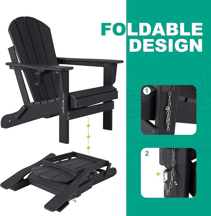 Adirondack Chairs Set of 2 with Cushions & Cup Holders, HDPE Weather Resistant Folding Adirondack Chair for Adults - Photo 5