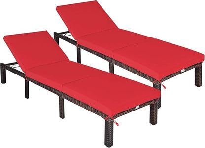 Tangkula Rattan Wicker Chaise Lounge Chair, Outdoor Patio Lounger Recliner Chair w/Adjustable Backrest, Heavy-Duty Reclining Chair Sunbed with Thick Zippered Cushion for Garden Yard Patio (2, Red)