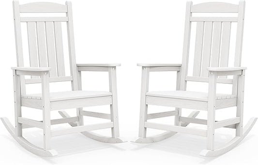 SERWALL Outdoor Rocking Chairs Set of 2, Oversized HDPE Porch Rockers for Adults, All-Weather Composite Patio Rocking Chairs, White