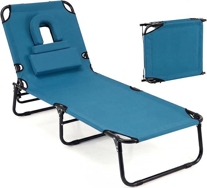Giantex 350lbs Adjustable Patio Lounge Chair w/Face Hole, Removable Pillows, Carry Strap, Layout Chair - Photo 1
