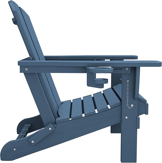 SERWALL Folding Adirondack Chair, Dual Cup Holders & All-Weather HDPE, Wood-Like Patio Chair-Navy