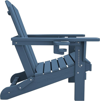 SERWALL Folding Adirondack Chair, Dual Cup Holders & All-Weather HDPE, Wood-Like Patio Chair-Navy