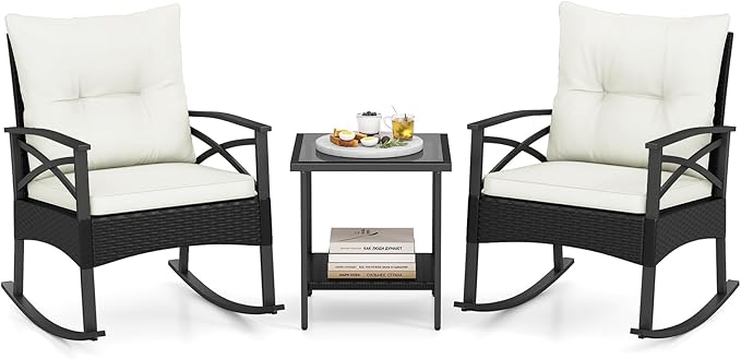 Tangkula 3 Pieces Outdoor Rocking Chairs Set, Rattan Heavy Duty Cushioned Rocker Chairs with 2-Tier Tempered Glass Coffee Table, for Garden, Balcony, Backyard (Black+Beige)