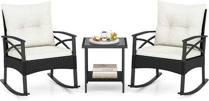 Tangkula 3 Pieces Outdoor Rocking Chairs Set, Rattan Heavy Duty Cushioned Rocker Chairs with 2-Tier Tempered Glass Coffee Table, for Garden, Balcony, Backyard (Black+Beige)