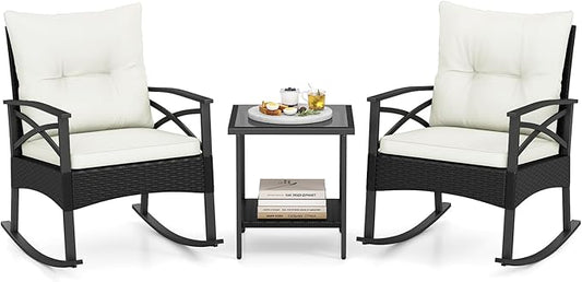 Tangkula 3 Pieces Outdoor Rocking Chairs Set, Rattan Heavy Duty Cushioned Rocker Chairs with 2-Tier Tempered Glass Coffee Table, for Garden, Balcony, Backyard (Black+Beige)