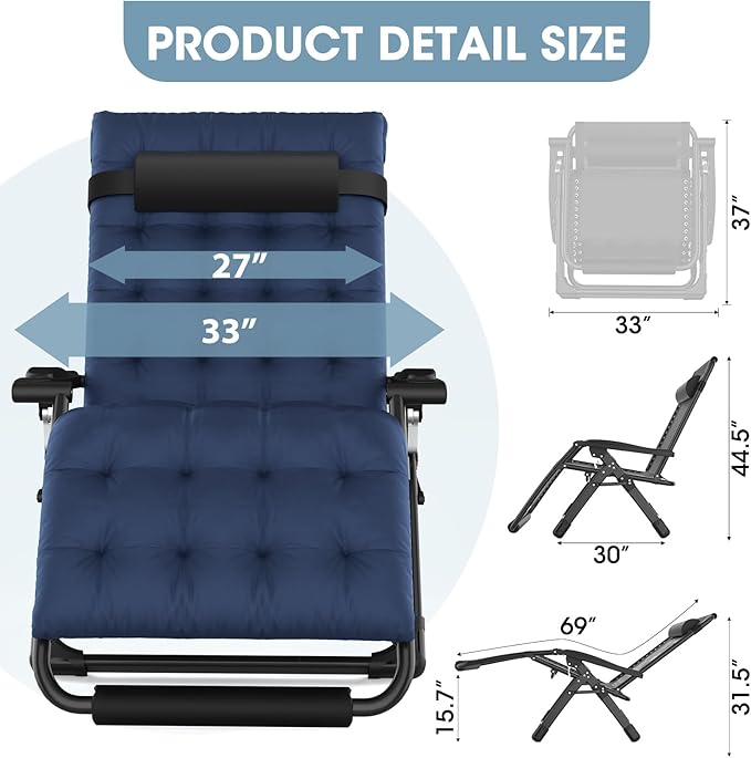 Oversized Zero Gravity Chair, XXL Lounge Chair 33” Width, Padded Recliner Chair W/Removable Cushion & Adj Headrest - Photo 3