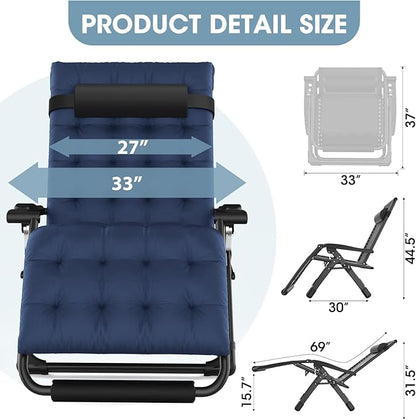 Oversized Zero Gravity Chair, XXL Lounge Chair 33” Width, Padded Recliner Chair W/Removable Cushion & Adj Headrest, Storage Bag, Footrest Cushion, Cup Holder, for Indoor Outdoor