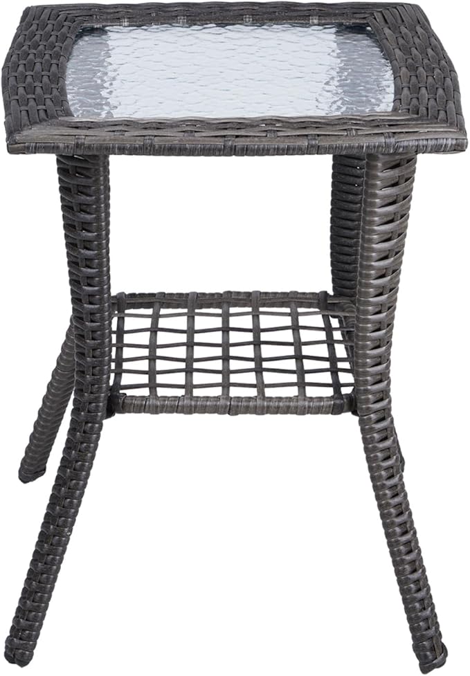 Outdoor Wicker Side Table, Rattan End Table with Glass Top, Patio Coffee Bistro Table for Indoor Garden Porch Balcony (Grey)