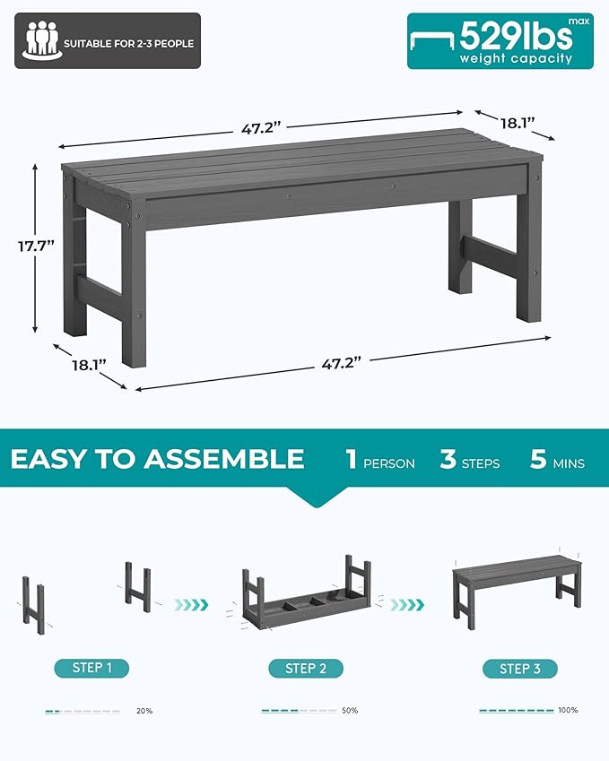 SERWALL 47 Inches Outdoor Bench Set of 2 - Photo 3
