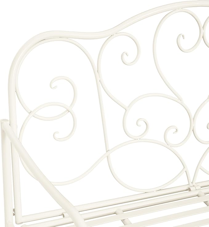 Outdoor Garden Bench, Iron Frame Patio Bench Furniture with Floral Design Backrest for Lawn, Park, Deck, White