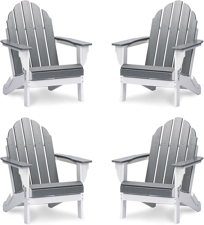 Aoodor HDPE Outdoor All-Weather Folding Adirondack Chair for Patio, Garden, Backyard, Lawn, Fire Pit, Set of 4, Gray
