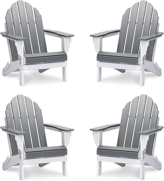 Aoodor HDPE Outdoor All-Weather Folding Adirondack Chair for Patio, Garden, Backyard, Lawn, Fire Pit, Set of 4, Gray
