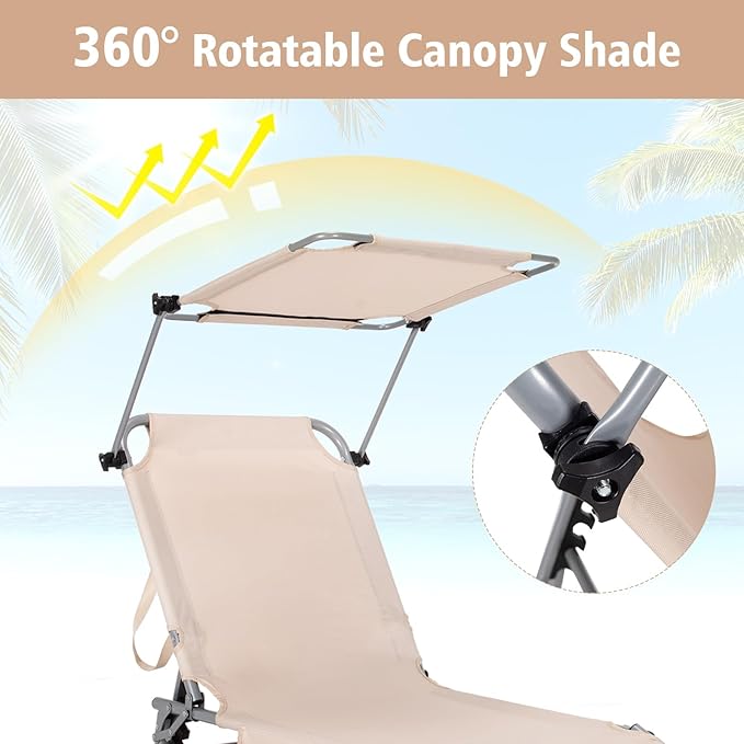 Goplus Tanning Chair, Foldable Beach Lounge Chair with 360°Canopy Sun Shade, Side Pocket - Photo 4