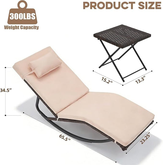 Outdoor Lounge Chair Set of 3, Patio Chaise Lounger with Folding Table and Adjustable Headrest, Easy 4-Step Assembly, All-Weather PE Rattan & Steel Frame for Pool, Patio, Porch, Backyard(Khaki)