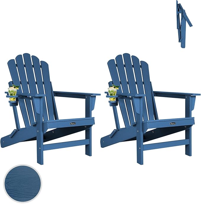 FUNBERRY Folding Adirondack Chairs Set of 2, All Weather HDPE Wood Texture Fire Pit Chairs with Cup Holder for Outdoor
