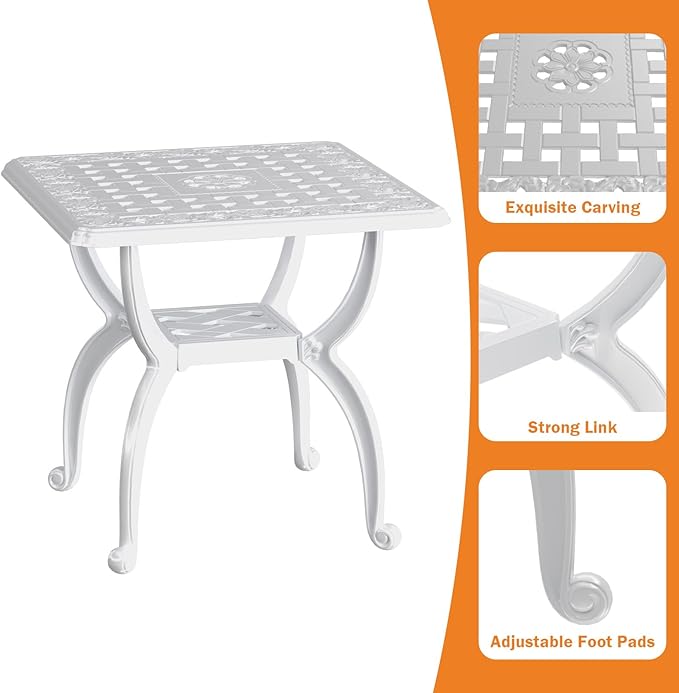Square Outdoor Coffee Table Set of 2, Cast Aluminum Side Table with Storage,Indoor End Table, All-Weather Bistro Table for Patio Garden Lawn, White
