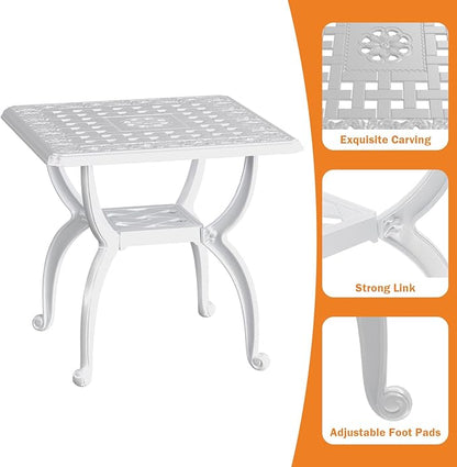 Square Outdoor Coffee Table Set of 2, Cast Aluminum Side Table with Storage,Indoor End Table, All-Weather Bistro Table for Patio Garden Lawn, White