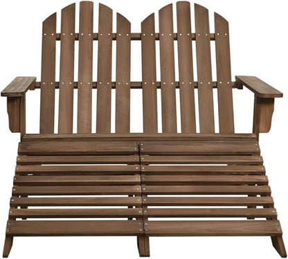 Brown Solid Fir Wood 2-Seater Adirondack Chair with Ottoman, Weather-Resistant Outdoor Patio Seating for Garden, Ergonomic Design and Durable Construction