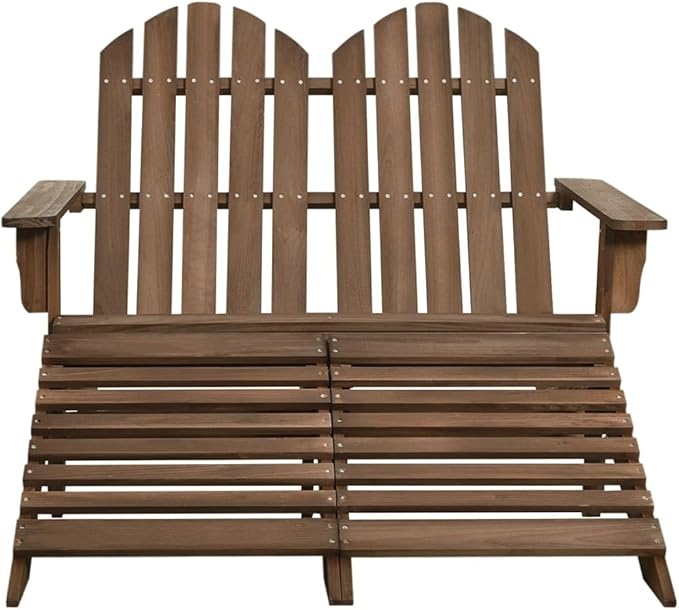 Brown Solid Fir Wood 2-Seater Garden Adirondack Chair with Ottoman, Detachable Outdoor Patio Furniture for Relaxing - Photo 3