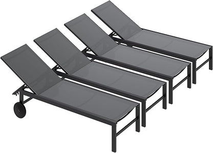 SUNLEI Lounge Chair for Outside Set of 4, Patio Chaise Lounge Outdoor w/ 5-Position Adjustable Backrest, Movable Pool Recliner Lounge Chairs, Tanning Chair for Patio, Light Grey