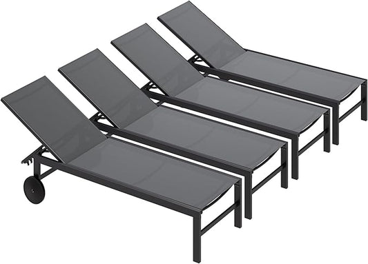 SUNLEI Lounge Chair for Outside Set of 4, Patio Chaise Lounge Outdoor w/ 5-Position Adjustable Backrest, Movable Pool Recliner Lounge Chairs, Tanning Chair for Patio, Light Grey