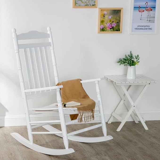 Outdoor Wooden Rocking Chair for Patio and Porch - Traditional Indoor Outside Furniture Rocker for Lawn, Backyard and Garden, White