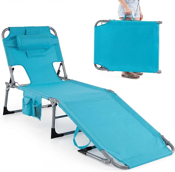 GYMAX Tanning Chair with Face Hole, Sun Bathing Lounge Chairs for Outside with Side Pocket - Photo 1