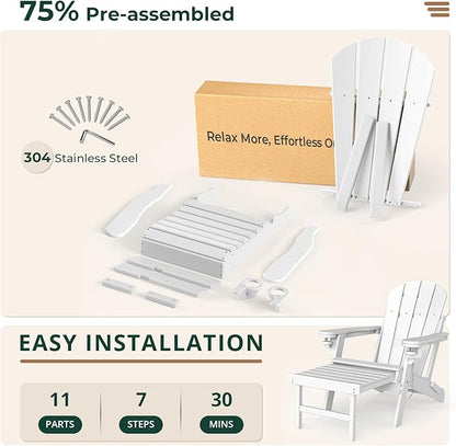 BRIOPAWS Adirondack-Chairs-with-Pull-Out-Footrest | Set of 2 | Folding | HDPE Plastic | Fire Pit Chair | All Weather | Cup Holders | Curved Back | Retractable Ottoman | for Poolside Deck | White