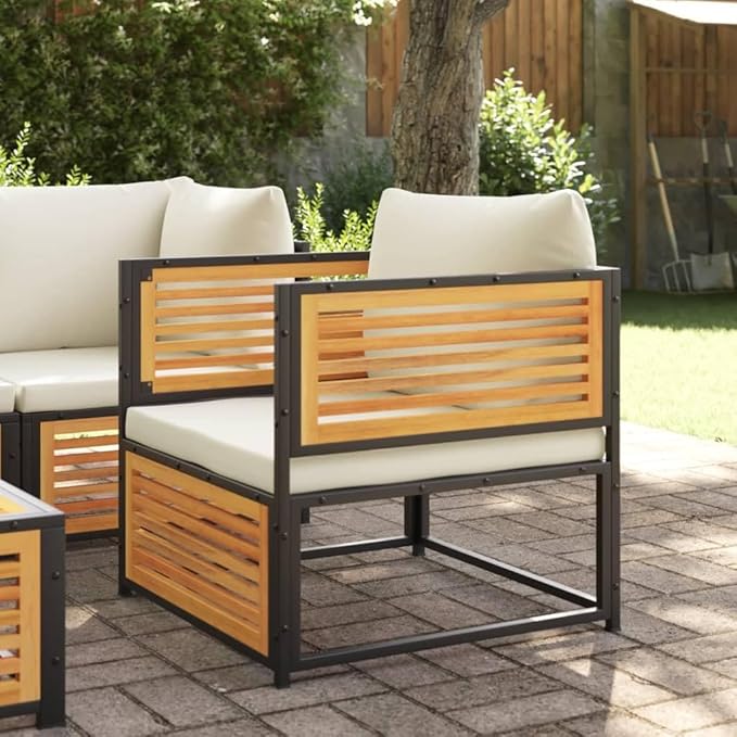 Cream White Acacia Garden Chair with Cushions, Solid Acacia Wood and Metal Frame for Patio, Garden, Balcony - Photo 2