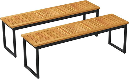 HAPPYGRILL Acacia Wood Patio Dining Bench Set of 2, Outdoor Bench with U-Shaped Metal Legs, Adjustable Foot Pads, 800 LBS Farmhouse Bistro Bench for Dining Room, Garden, Poolside