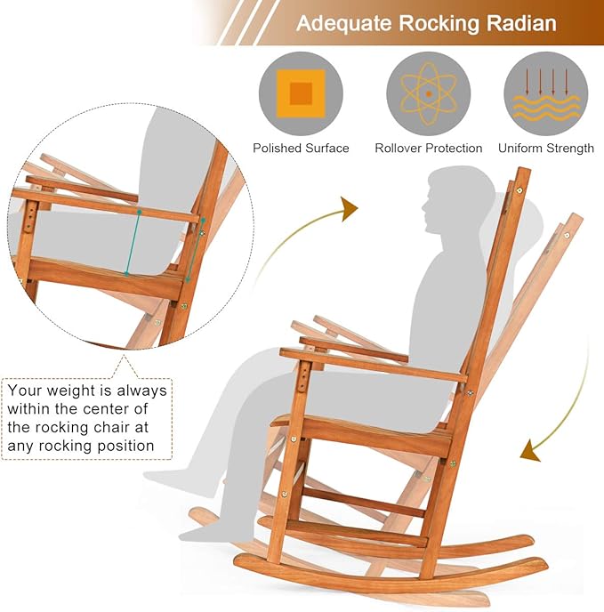 Giantex Set of 2 Porch Rocking Chair Outdoor and Indoor Use, Solid Eucalyptus Wood Rocker with Natural Finish, Front Porch Chairs for Patio Deck Garden, Wooden Rocking Adirondack Chair Set