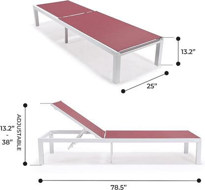 LeisureMod Marlin Aluminum Outdoor Chaise Lounge Chair - Mesh Sling Fabric Seat White Aluminum Frame Beach, Pool Lounge Chair for Modern Patio Lawn, Garden and Backyard (Burgundy)