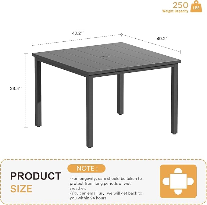 VICLLAX 40.2" Square Patio Table for 4, Outdoor Dining Table with Umbrella Hole, All Weather Metal Patio Table for Lawn Garden, Grey Tabletop