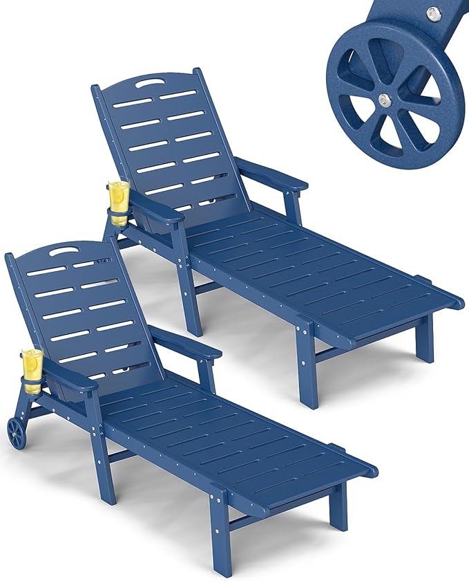 FOOWIN Chaise Lounge Chair Set of 2，HDPE Lounge Chair Outdoor with 5 Positions,Oversized Pool Lounge Chairs with Rolling Wheels & Cup Holder for Poolside Deck Backyard,Blue