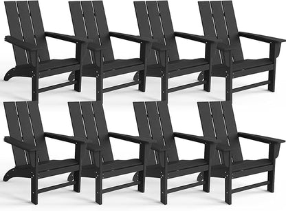 Modern Adirondack Chairs Set of 8, HDPE Plastic Patio Chairs for All Weather, Fire Pit Chair, Outdoor Lawn Chairs for Deck, Porch, Backyard, Garden, Black